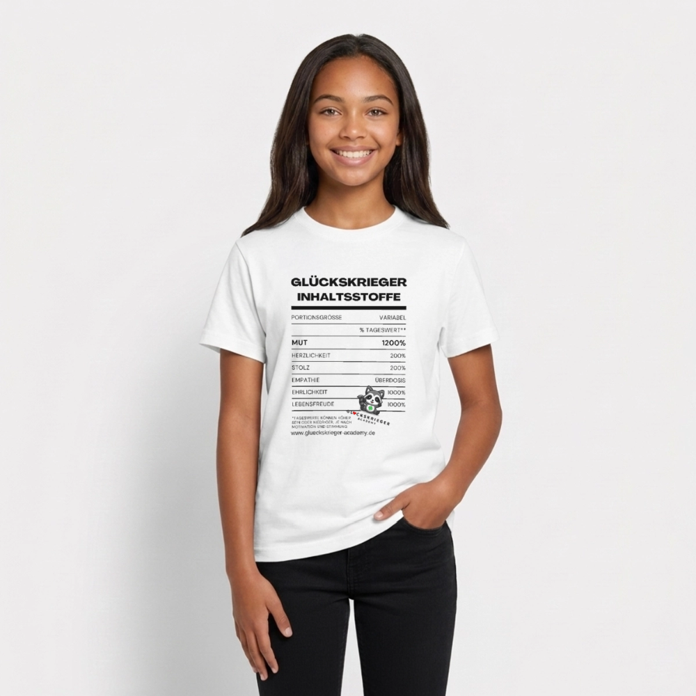 Glückskrieger T-Shirt für Teens  -Inhaltsstoffe: Mut & Lebensfreude - white