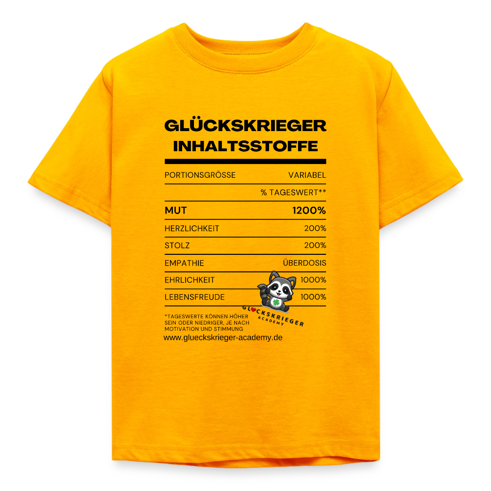 Glückskrieger Teen T-Shirt -Inhaltsstoffe: Mut & Lebensfreude - gold