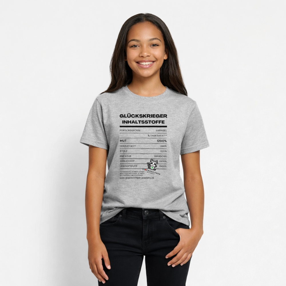 Glückskrieger T-Shirt für Teens  -Inhaltsstoffe: Mut & Lebensfreude - heather grey